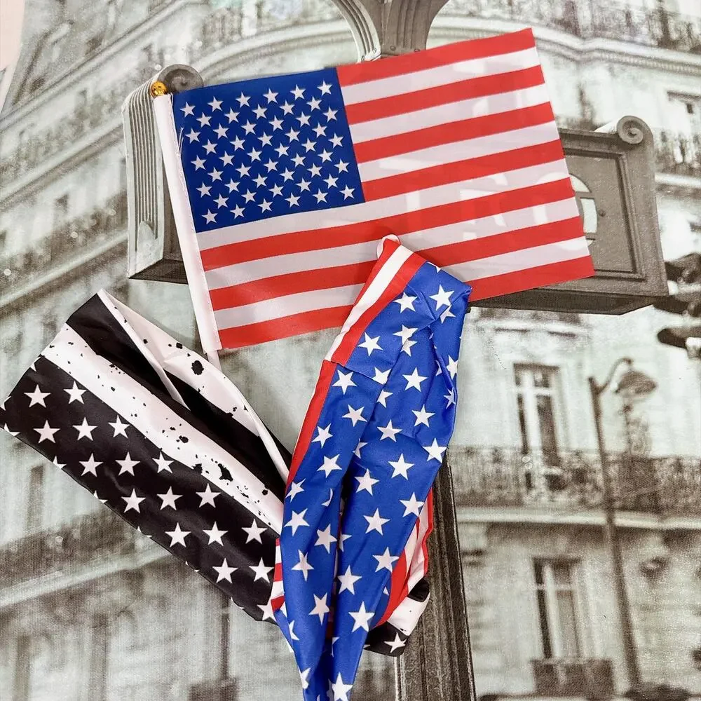 3Pcs 4th of July Patriotic Set: US Hand Flag + 2 Flag Headbands